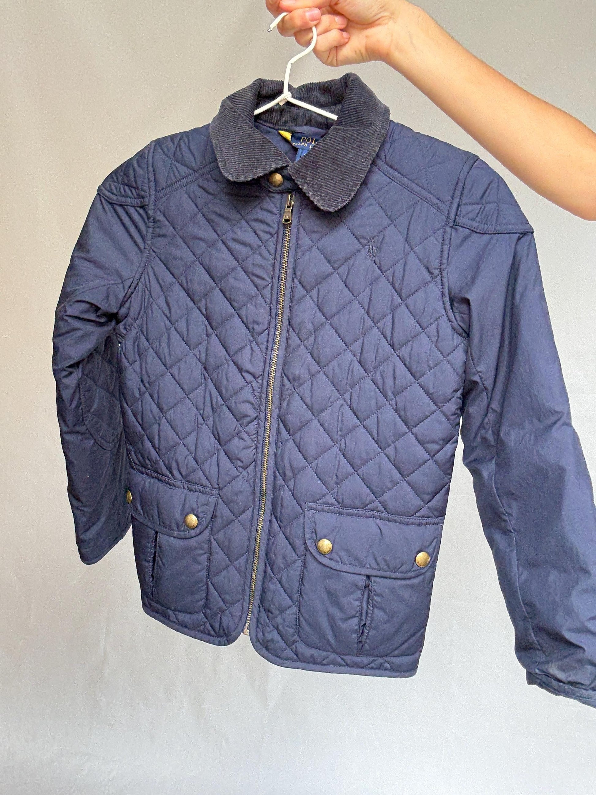 Polo Ralph Lauren kids navy quilted jacket, polyester feel, classic fit, zipper front, corduroy collar, casual streetwear, US M