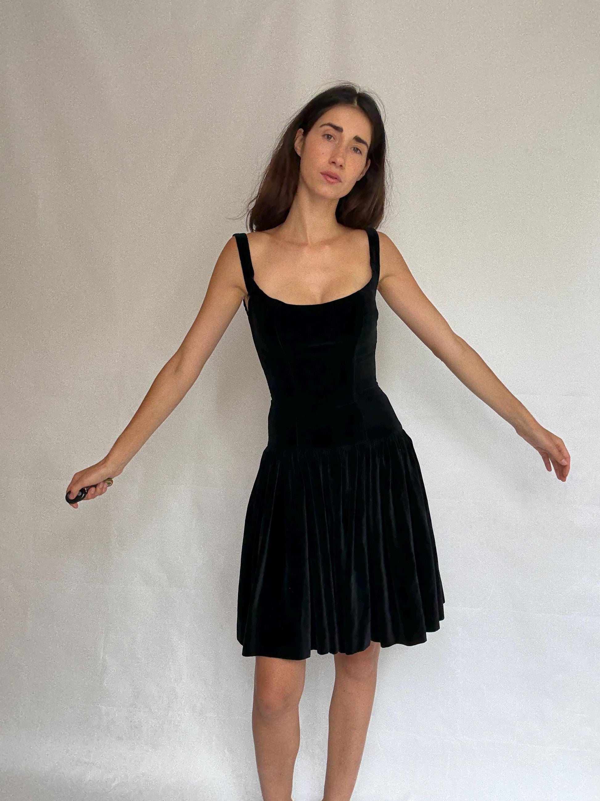 Vintage Katharine Hamnett London black velvet dress, fitted bodice, gothic cottagecore, XS