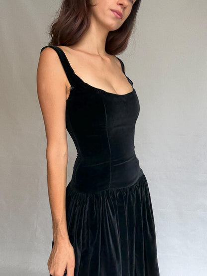 Vintage Katharine Hamnett London black velvet dress, fitted bodice, gothic cottagecore, XS