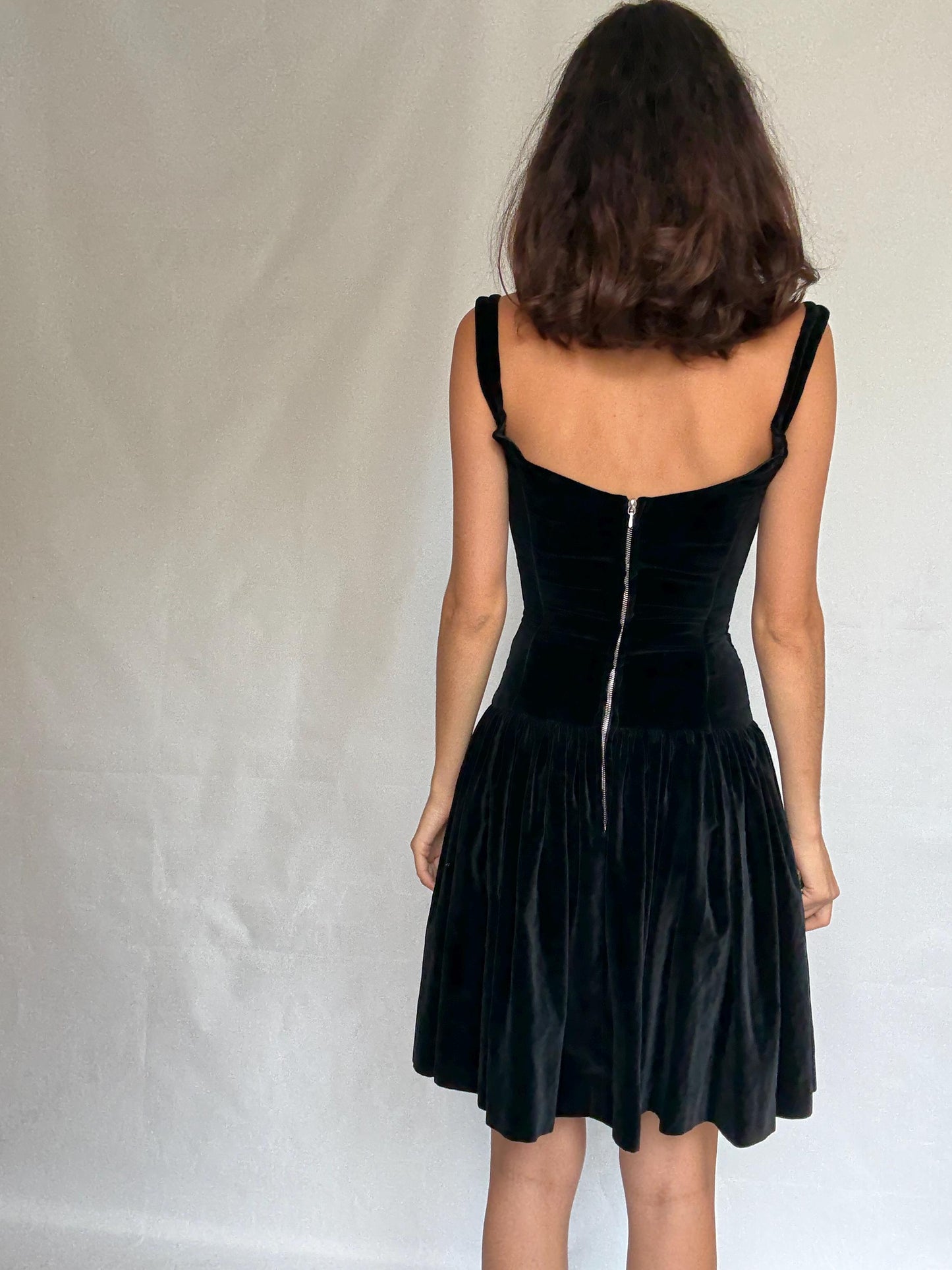 Vintage Katharine Hamnett London black velvet dress, fitted bodice, gothic cottagecore, XS