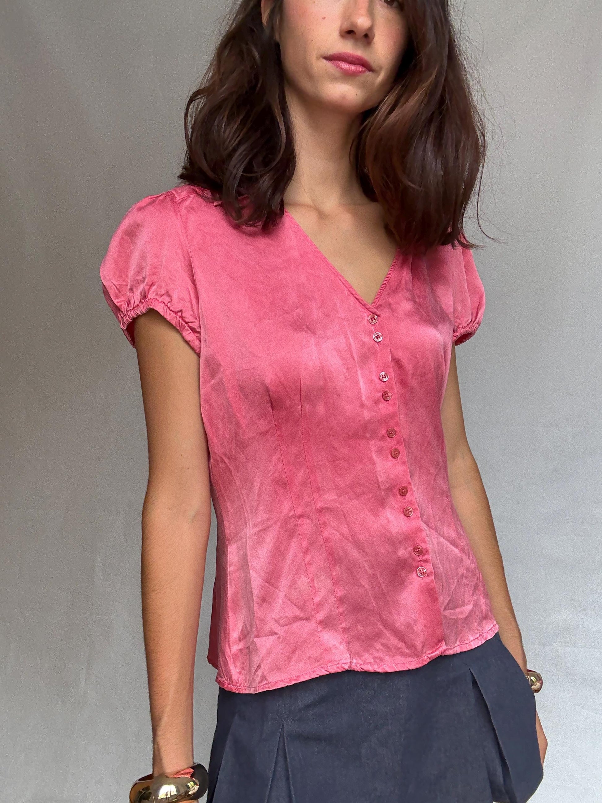 Pink silk blouse, classic fit, v neck with button front, puffed sleeves, romantic cottagecore, US XL, versatile everyday wear