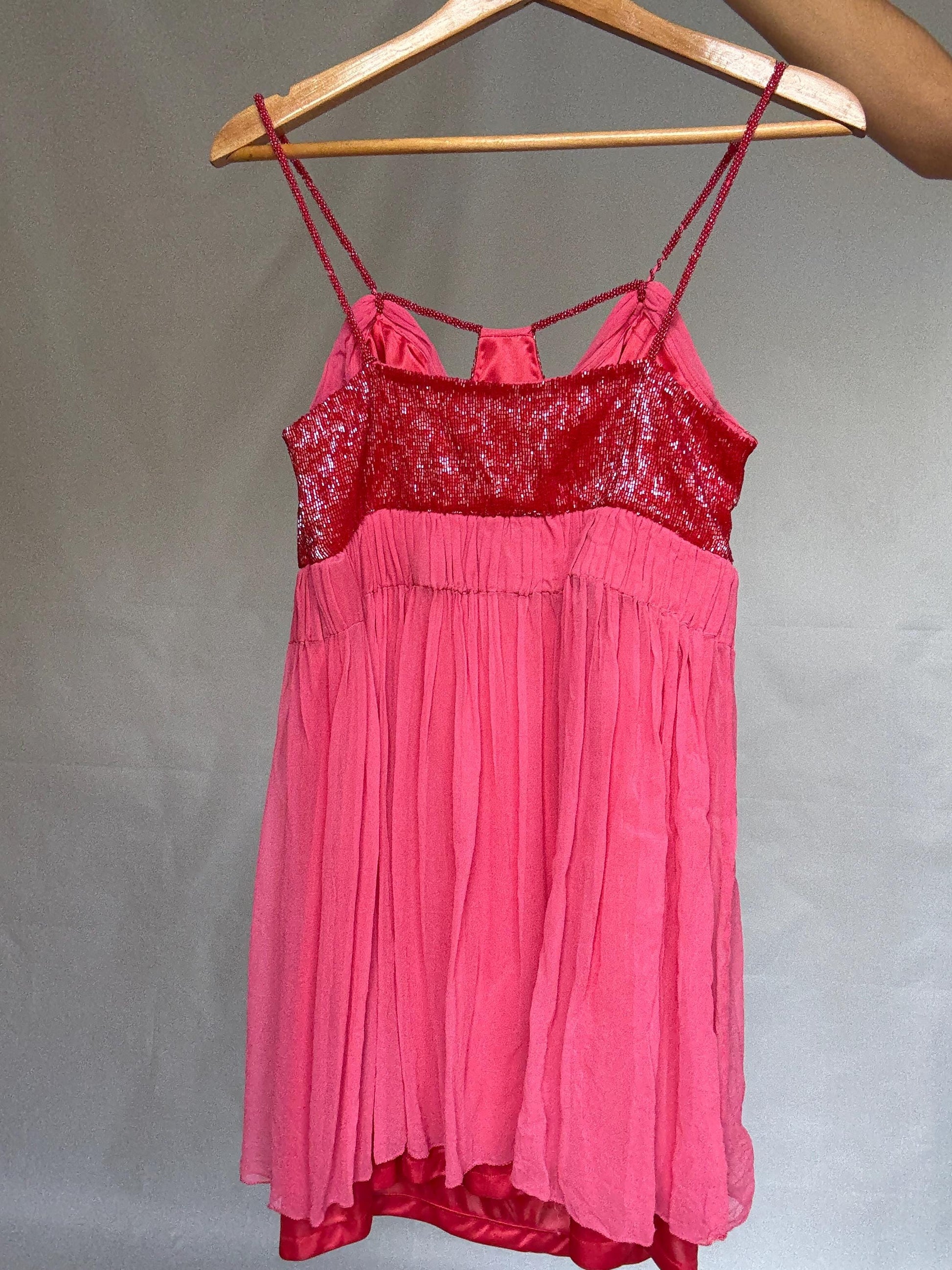 Vintage pink mini dress, 100% silk exterior, flowy silhouette, pleated design with beaded detail, romantic Kate Moss vibe, US XS, party wear