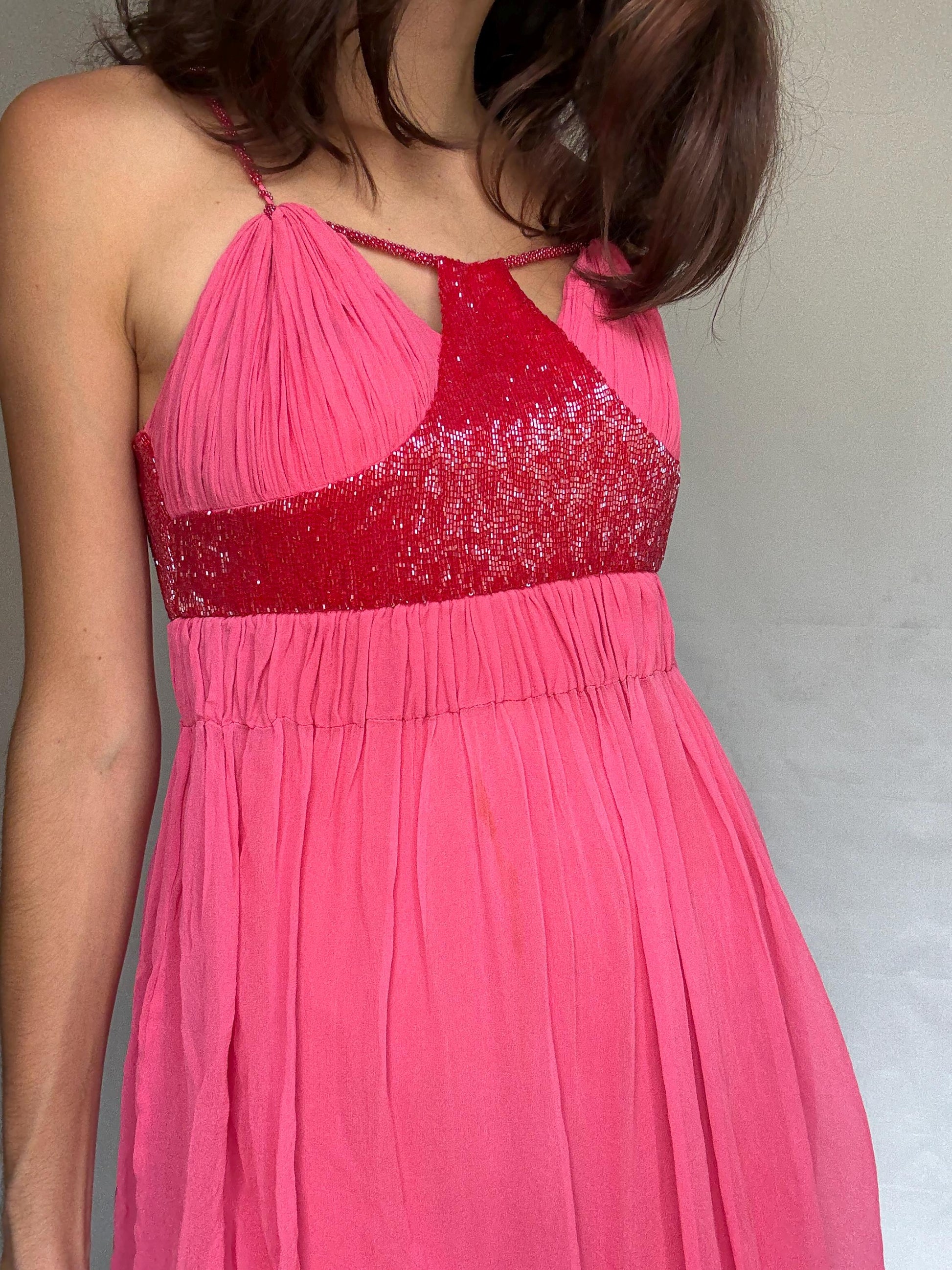 Vintage pink mini dress, 100% silk exterior, flowy silhouette, pleated design with beaded detail, romantic Kate Moss vibe, US XS, party wear