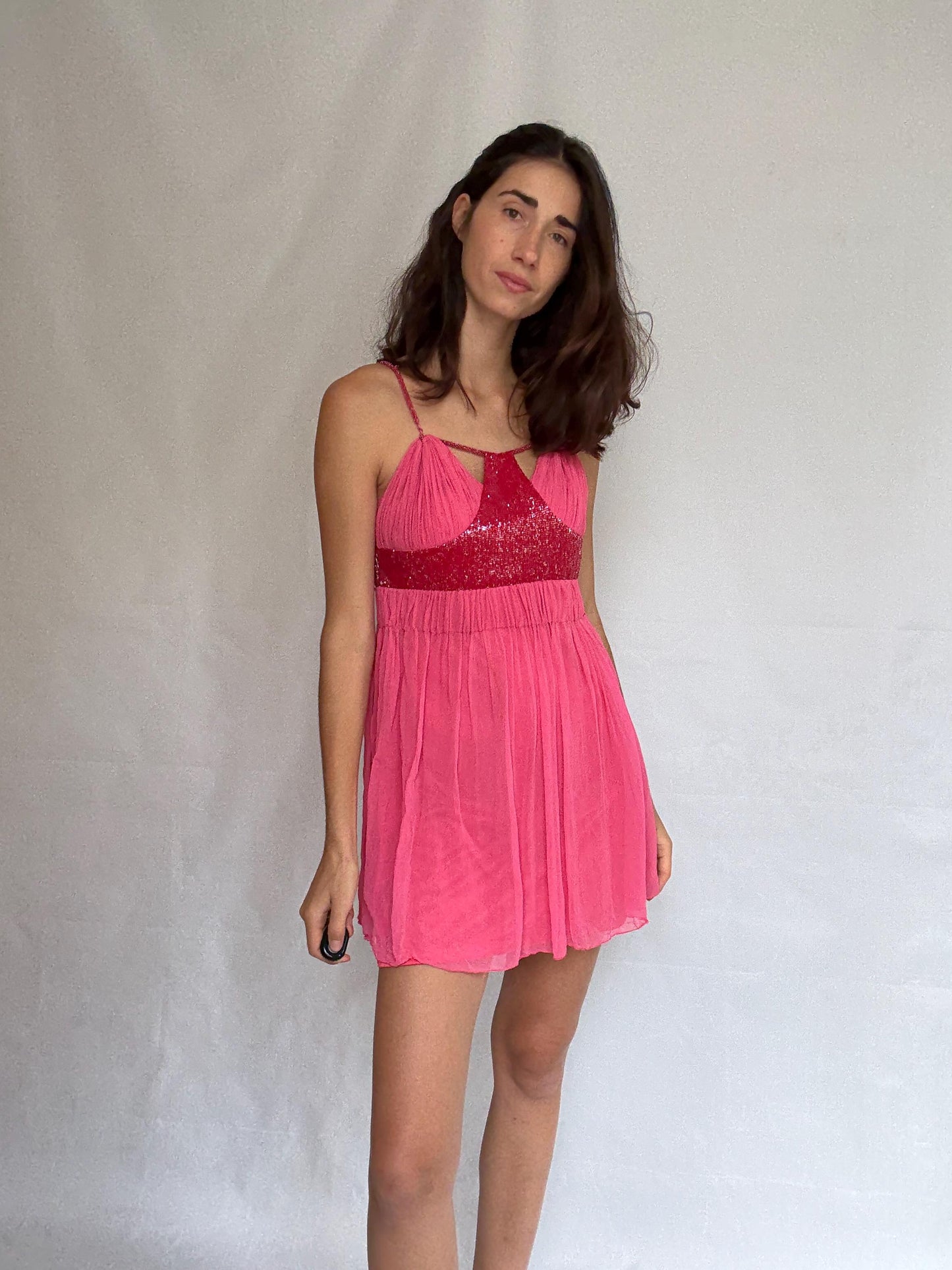 Vintage pink mini dress, 100% silk exterior, flowy silhouette, pleated design with beaded detail, romantic Kate Moss vibe, US XS, party wear