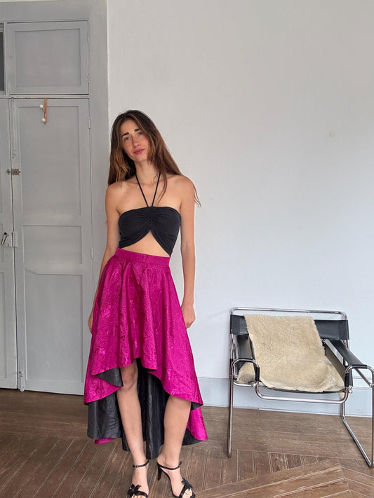Vintage Pink High-Low Skirt – Handmade Satin Evening Skirt | Dramatic Waist-Defining Party Skirt, Unique statement piece, Emily in Paris