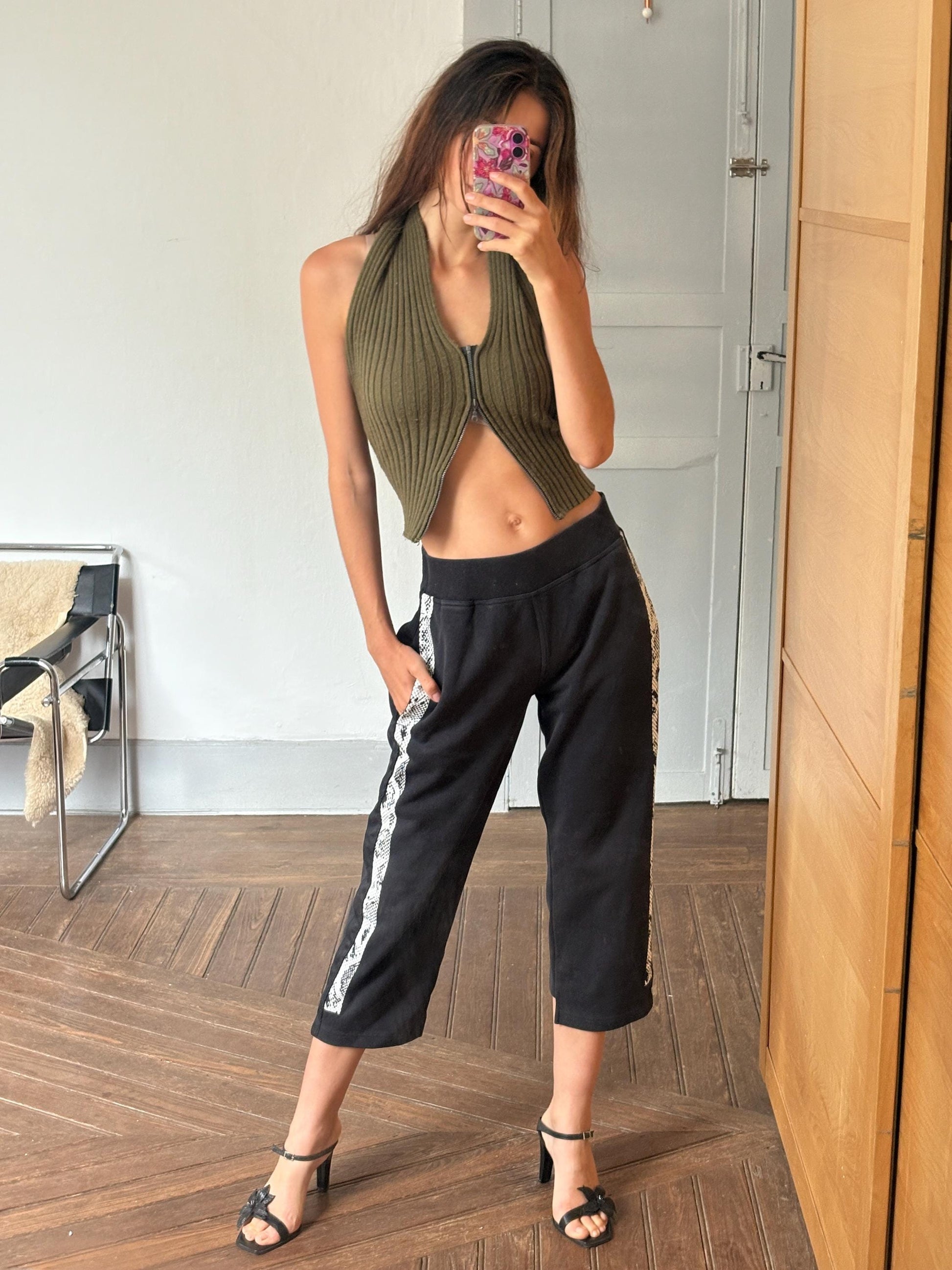 Vintage Adidas by Stella McCartney Black Cropped Track Pants with Snakeskin Side Stripes – Size S