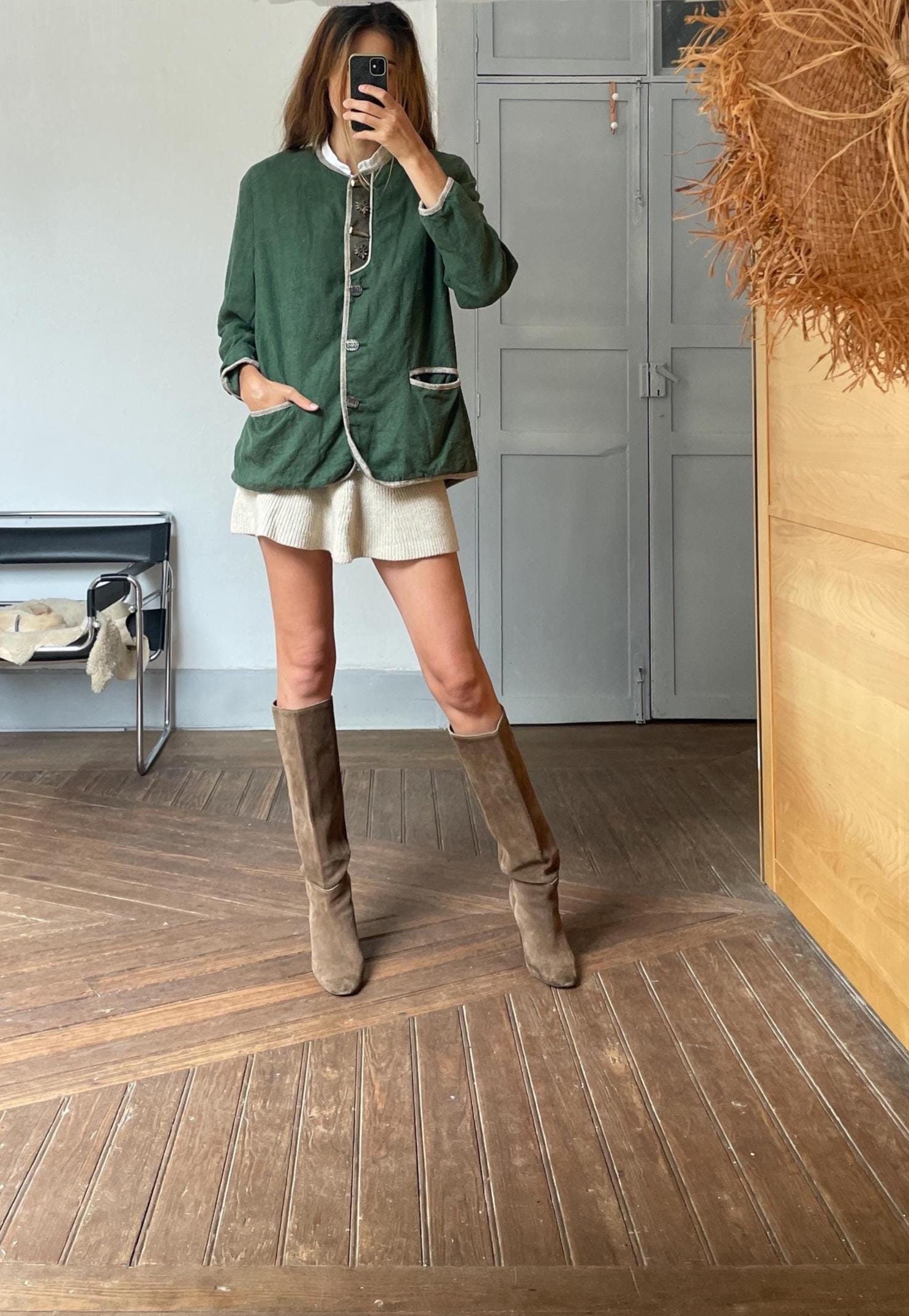 Vintage Austrian trachten jacket in moss green with wood and metal buttons