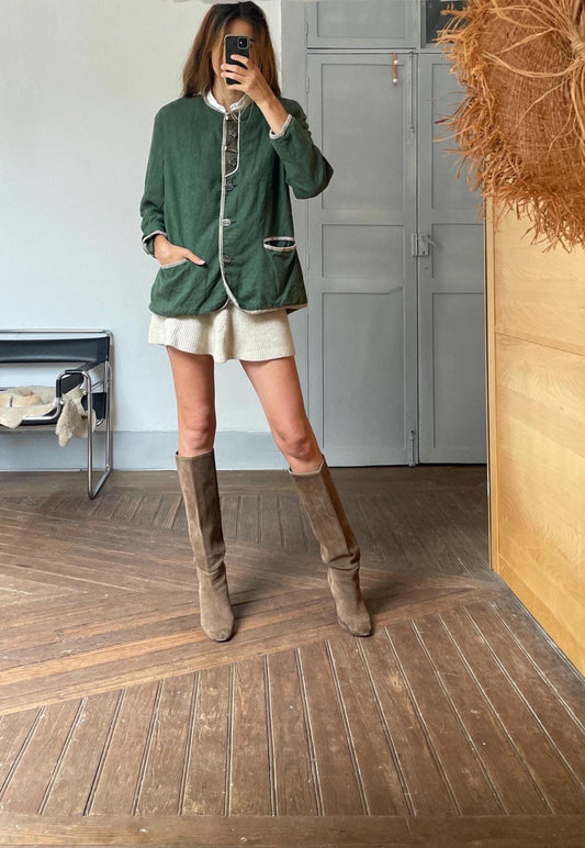 Vintage Austrian trachten jacket in moss green with wood and metal buttons