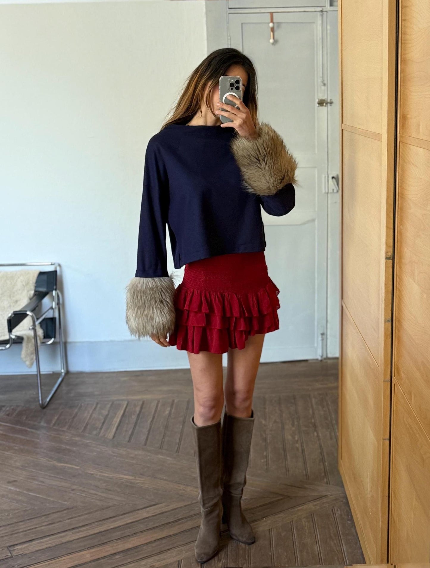 Vintage navy blue pullover, wool jumper luxe cropped sweater with faux fur sleeves