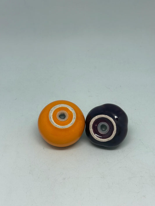 Vintage persimmon and eggplant ceramic salt and pepper shakers, hand, painted design, playful kitchen decor, bohemian touch