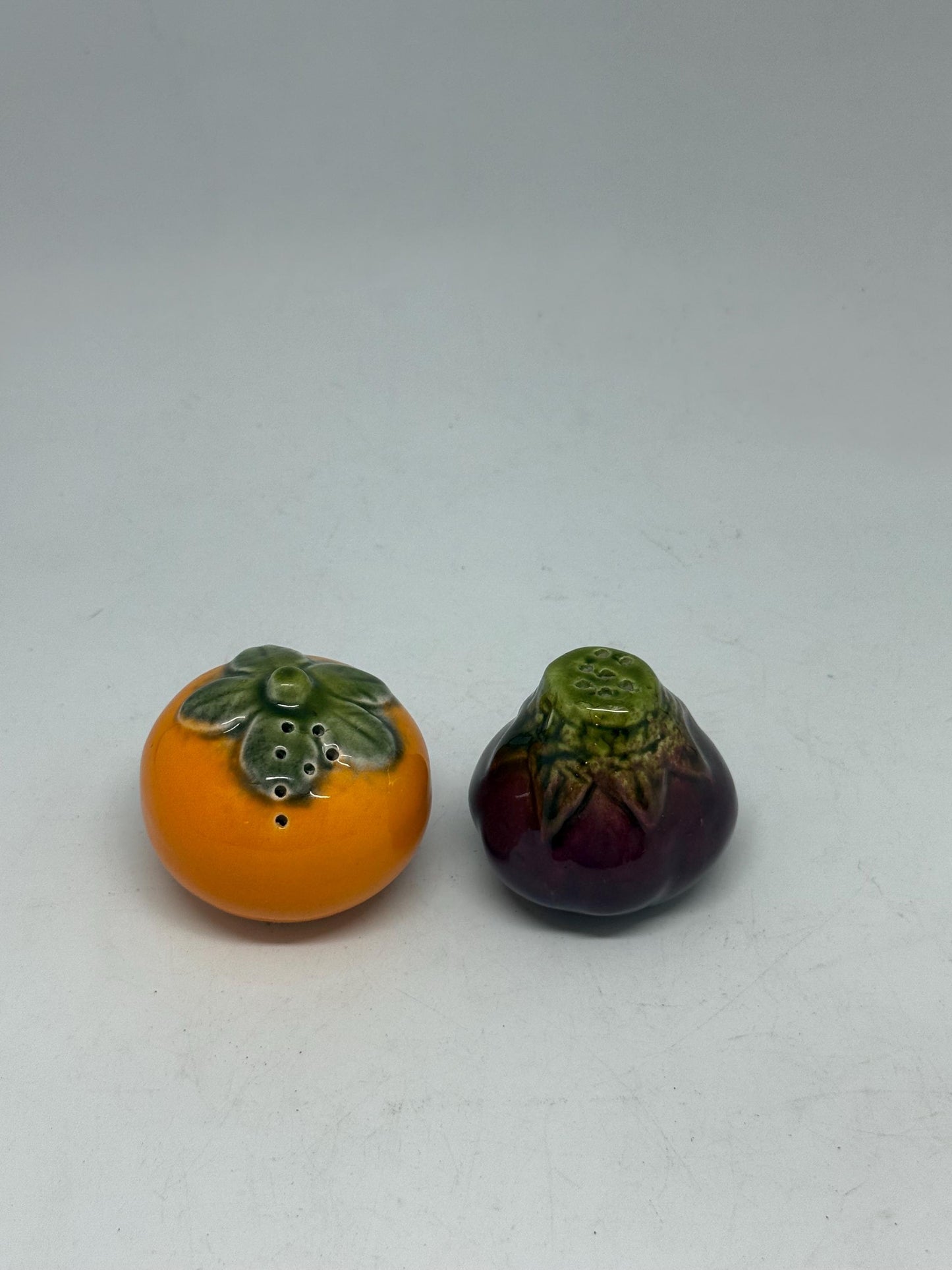 Vintage persimmon and eggplant ceramic salt and pepper shakers, hand, painted design, playful kitchen decor, bohemian touch