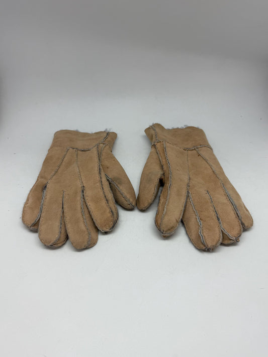 Vintage light brown leather gloves, genuine leather, plush lining exposed, classic stitching detail, retro 70s, US XL, winter warmth