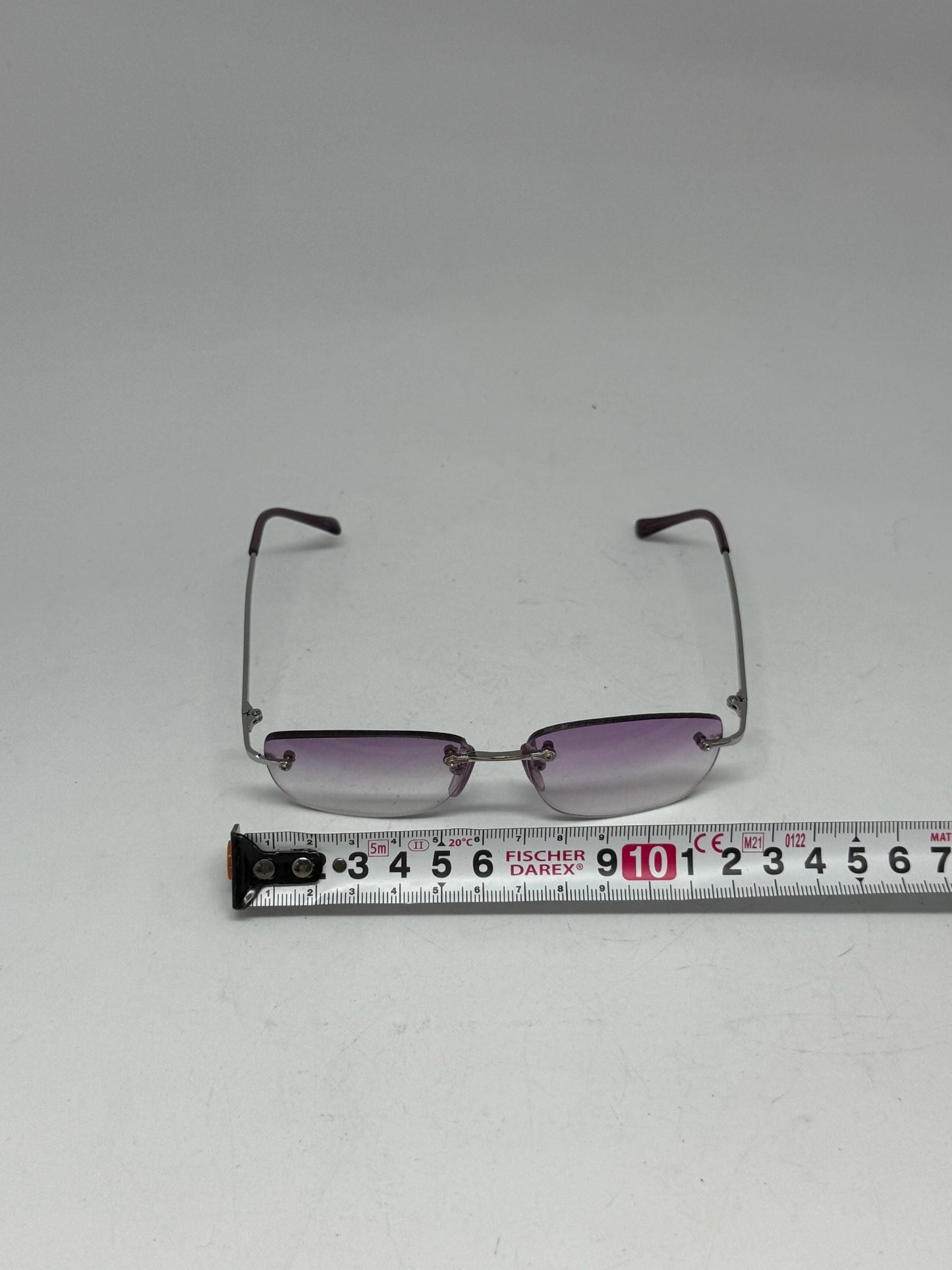 Retro Y2K rimless sunglasses, Italian made, rectangular gradient lenses, purple to clear tint, metal frame, indie, sleaze vibe
