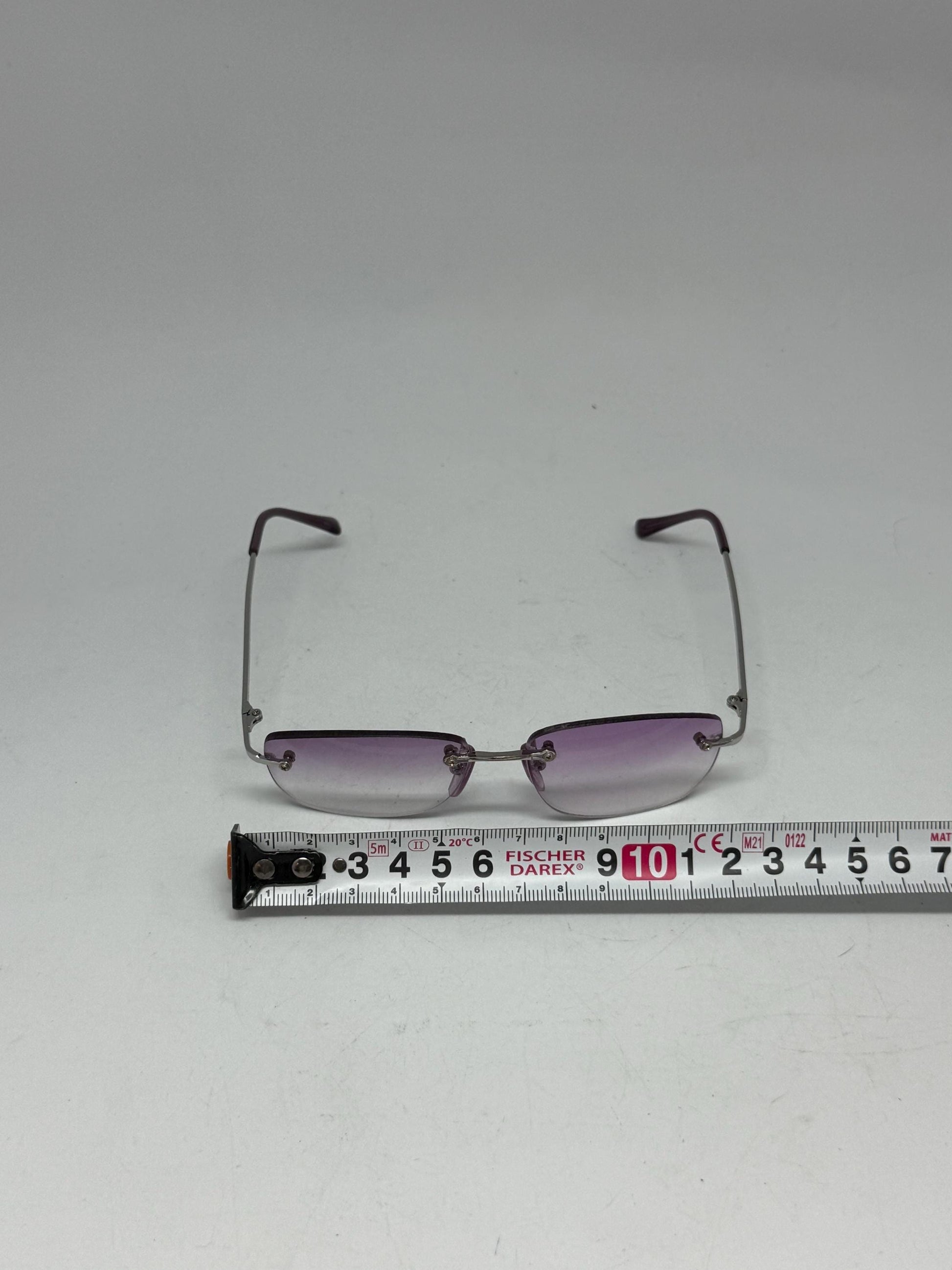 Retro Y2K rimless sunglasses, Italian made, rectangular gradient lenses, purple to clear tint, metal frame, indie, sleaze vibe