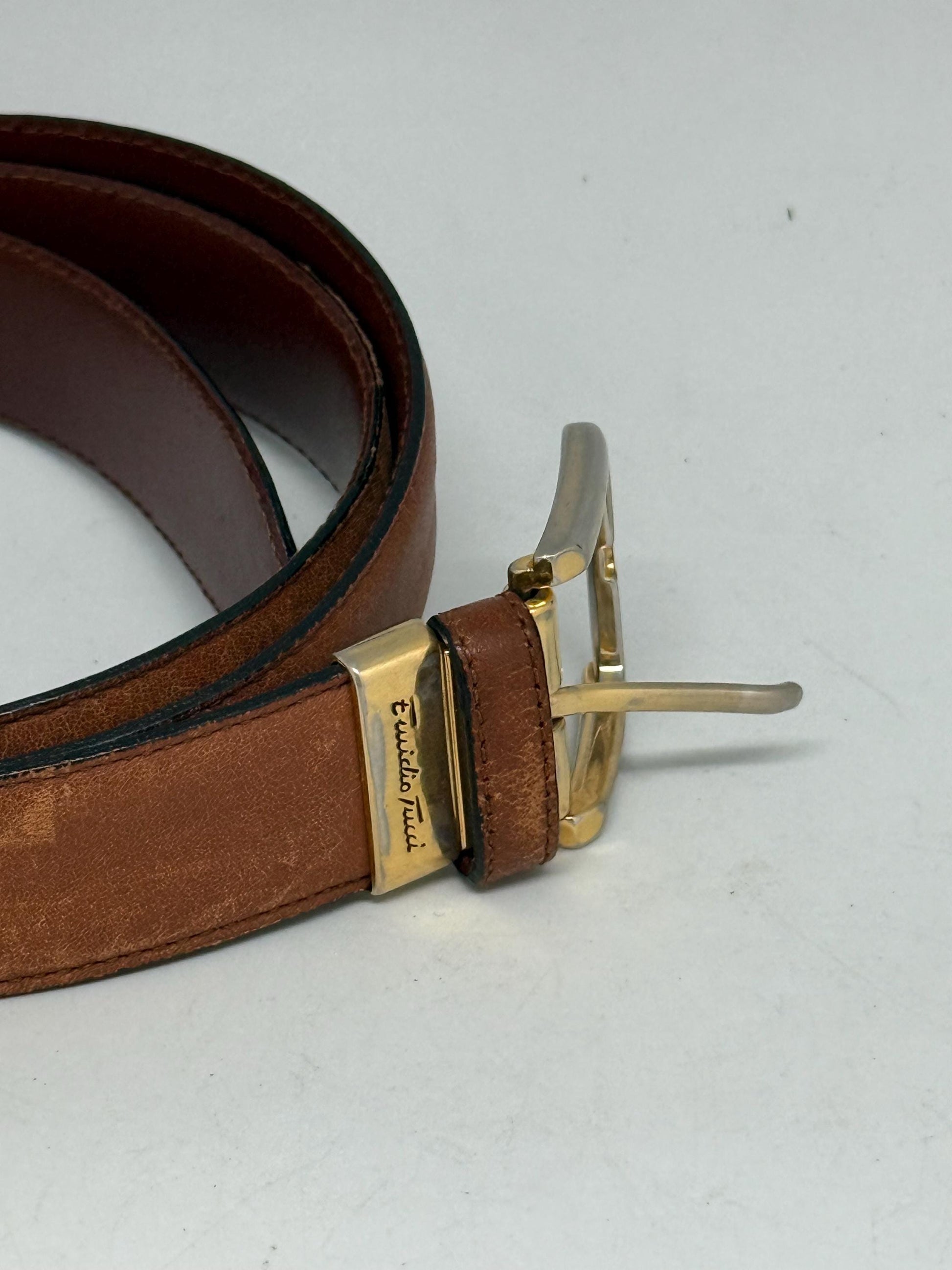 Emidio Tucci brown leather belt, genuine leather, classic fit, gold, toned polished buckle, minimalist chic, US M, formal semi, formal wear