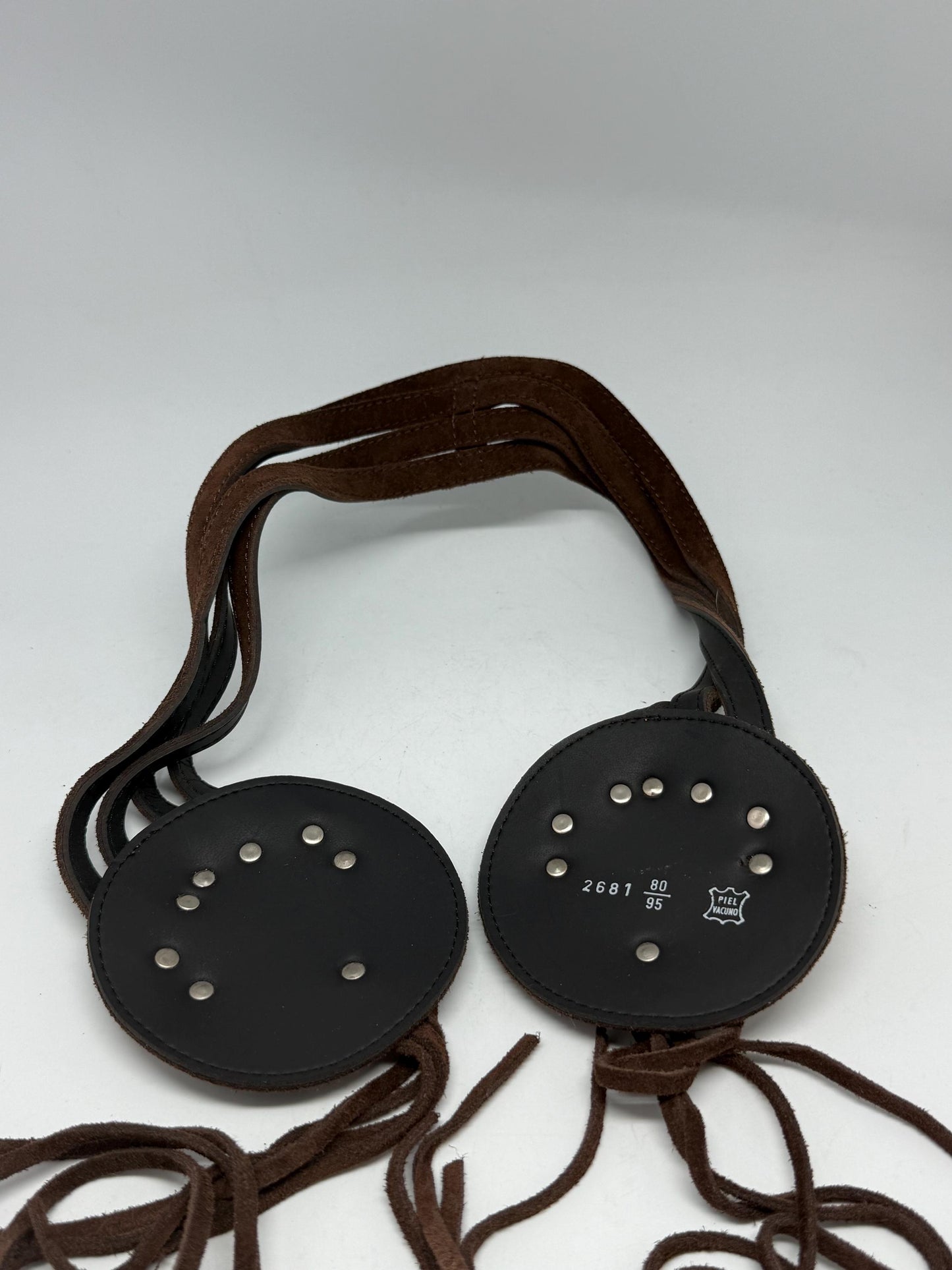 Vintage brown suede belt, suede feel, wrap fit, textured brass medallions, bohemian style, US adjustable, accessory statement piece