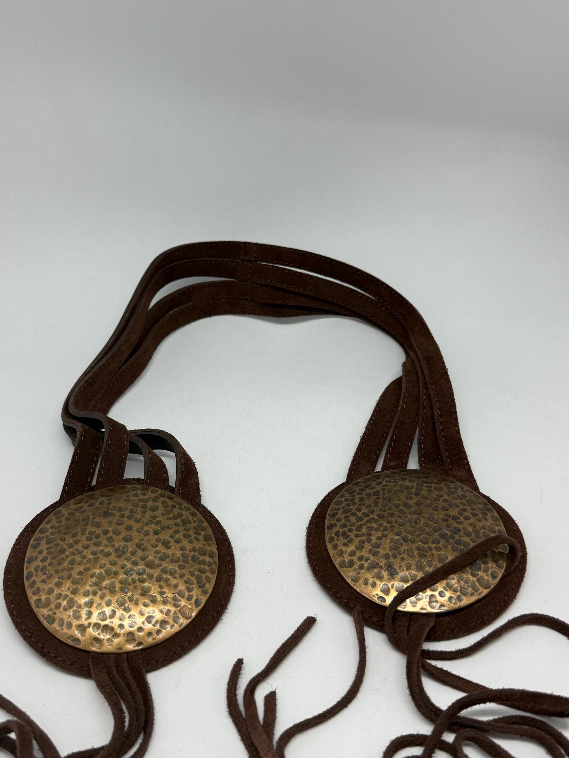 Vintage brown suede belt, suede feel, wrap fit, textured brass medallions, bohemian style, US adjustable, accessory statement piece