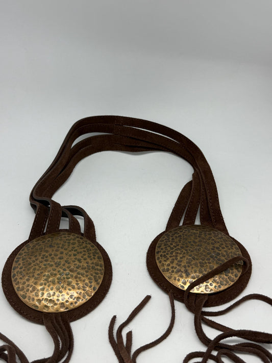 Vintage brown suede belt, suede feel, wrap fit, textured brass medallions, bohemian style, US adjustable, accessory statement piece