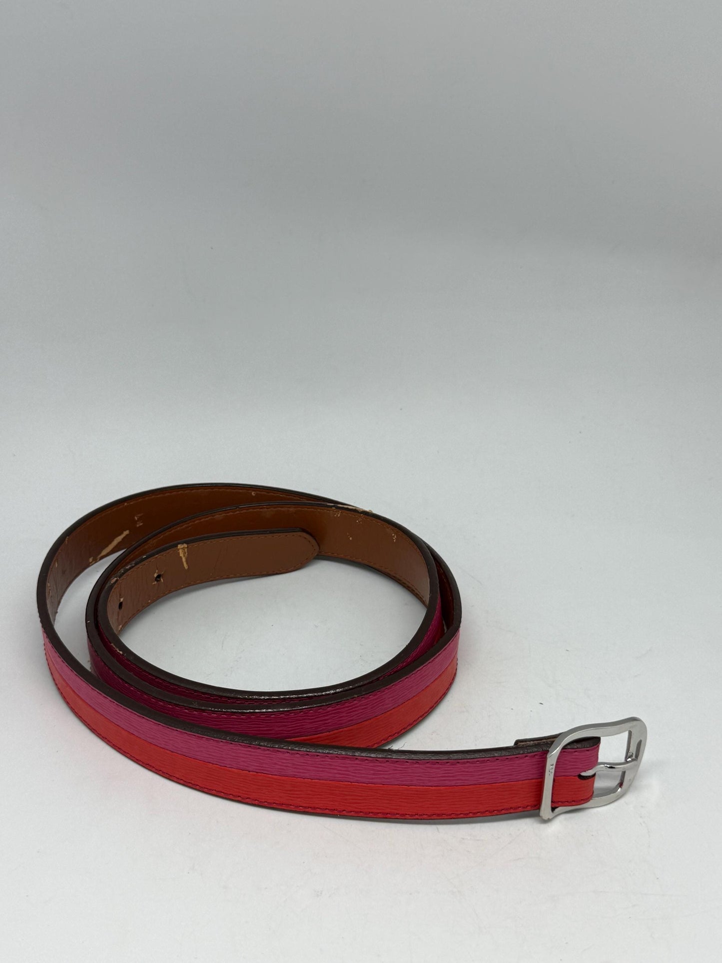 Ralph Lauren red pink leather belt, genuine leather, textured finish, silver metal buckle, branded logo detail, modern streetwear chic