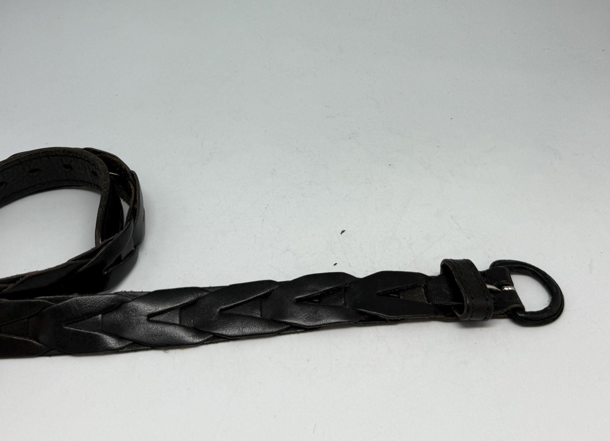 Black braided belt, genuine leather, braided design, metal buckle, vintage, US fits S, versatile accessory for everyday wear
