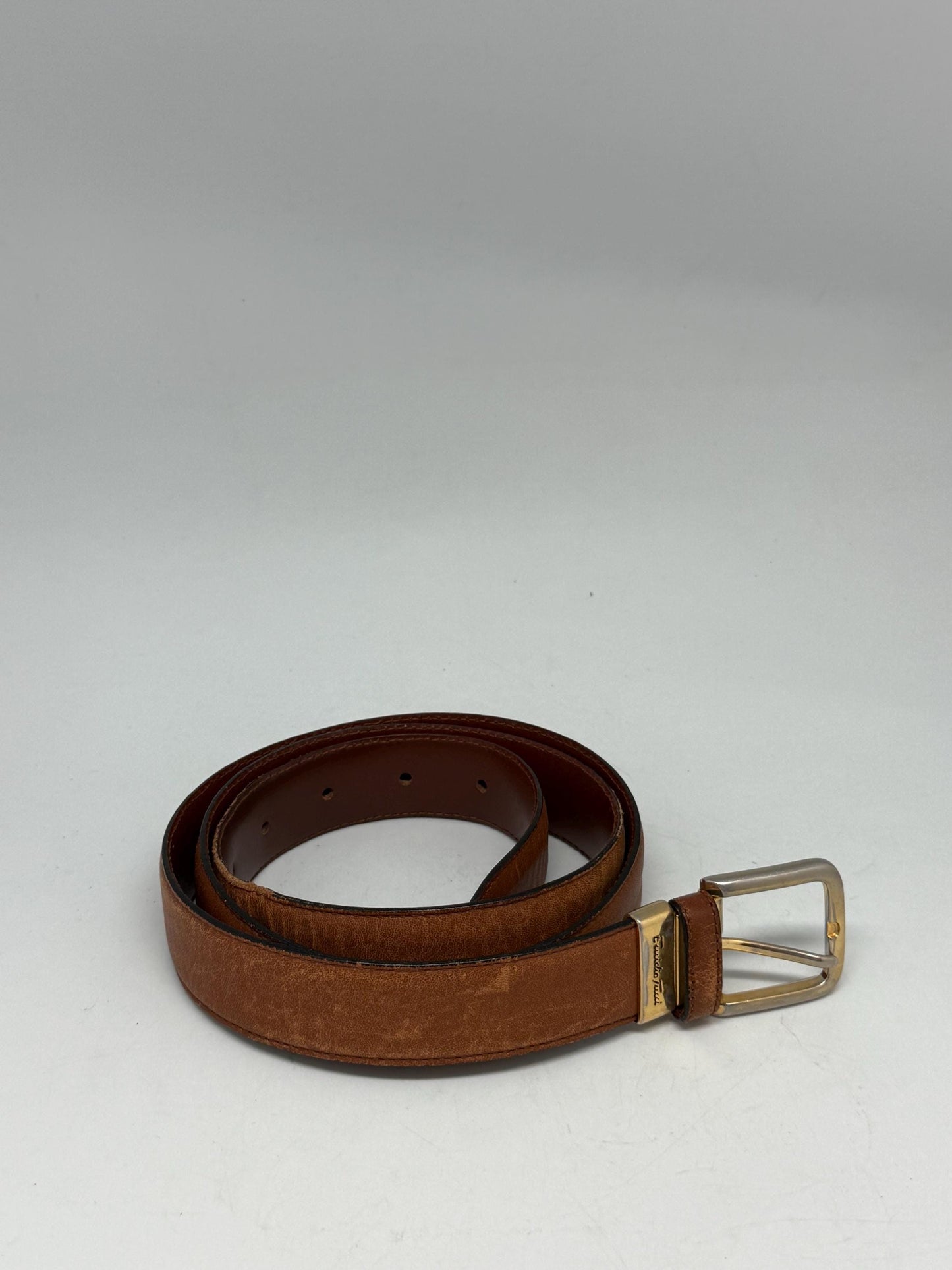 Emidio Tucci brown leather belt, genuine leather, classic fit, gold, toned polished buckle, minimalist chic, US M, formal semi, formal wear