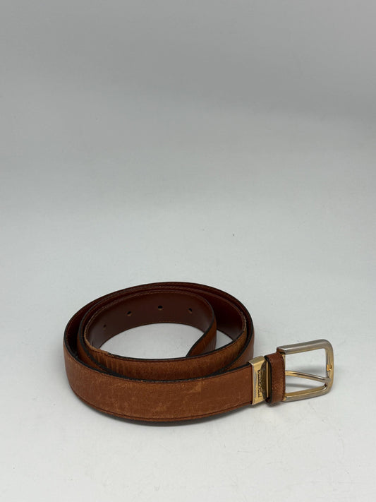 Emidio Tucci brown leather belt, genuine leather, classic fit, gold, toned polished buckle, minimalist chic, US M, formal semi, formal wear
