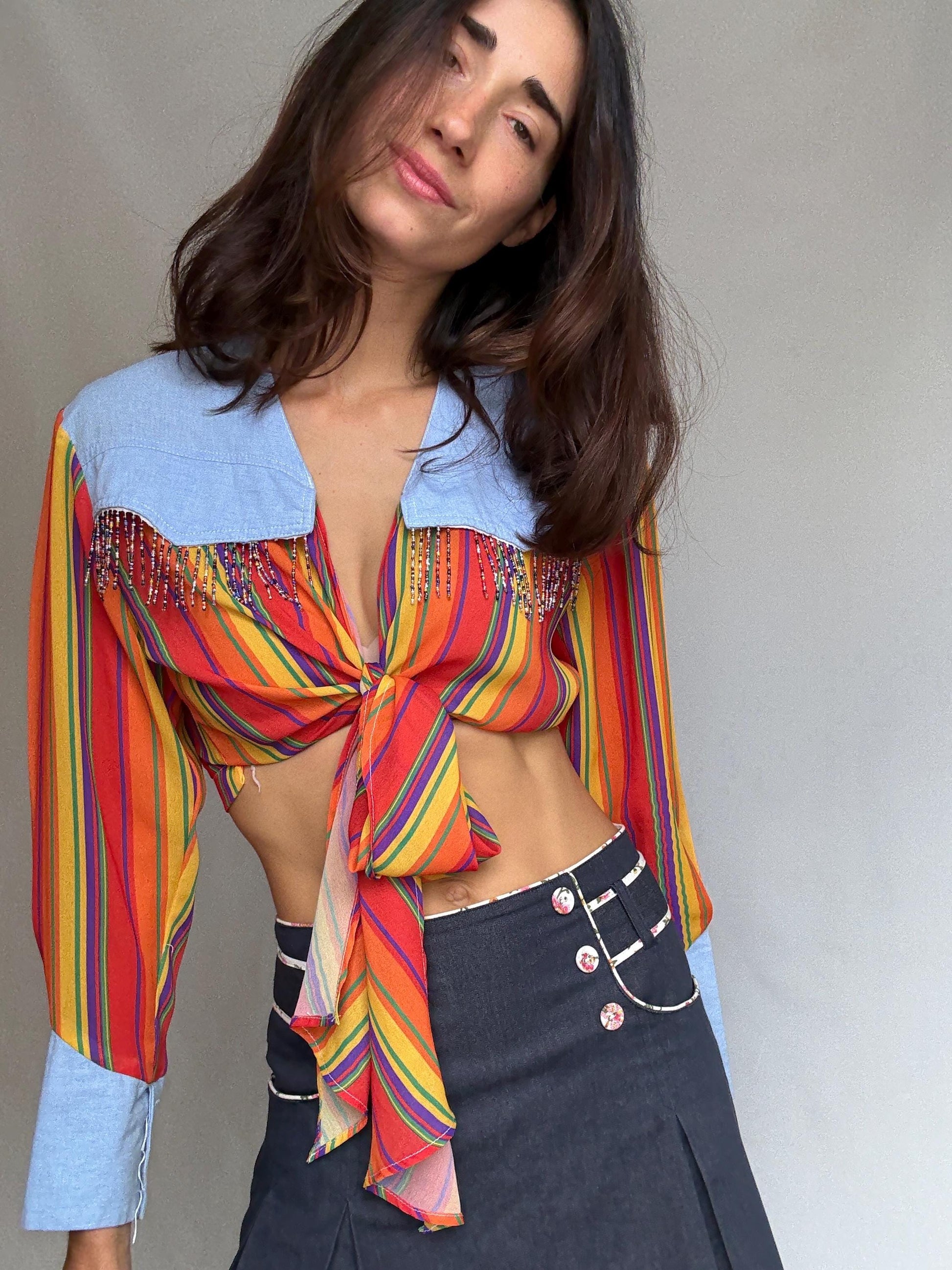 Vintage zou line spencer blouse, soft denim feel, relaxed fit, made in France, classic collar, vintage bohemian, US M, western aesthetic