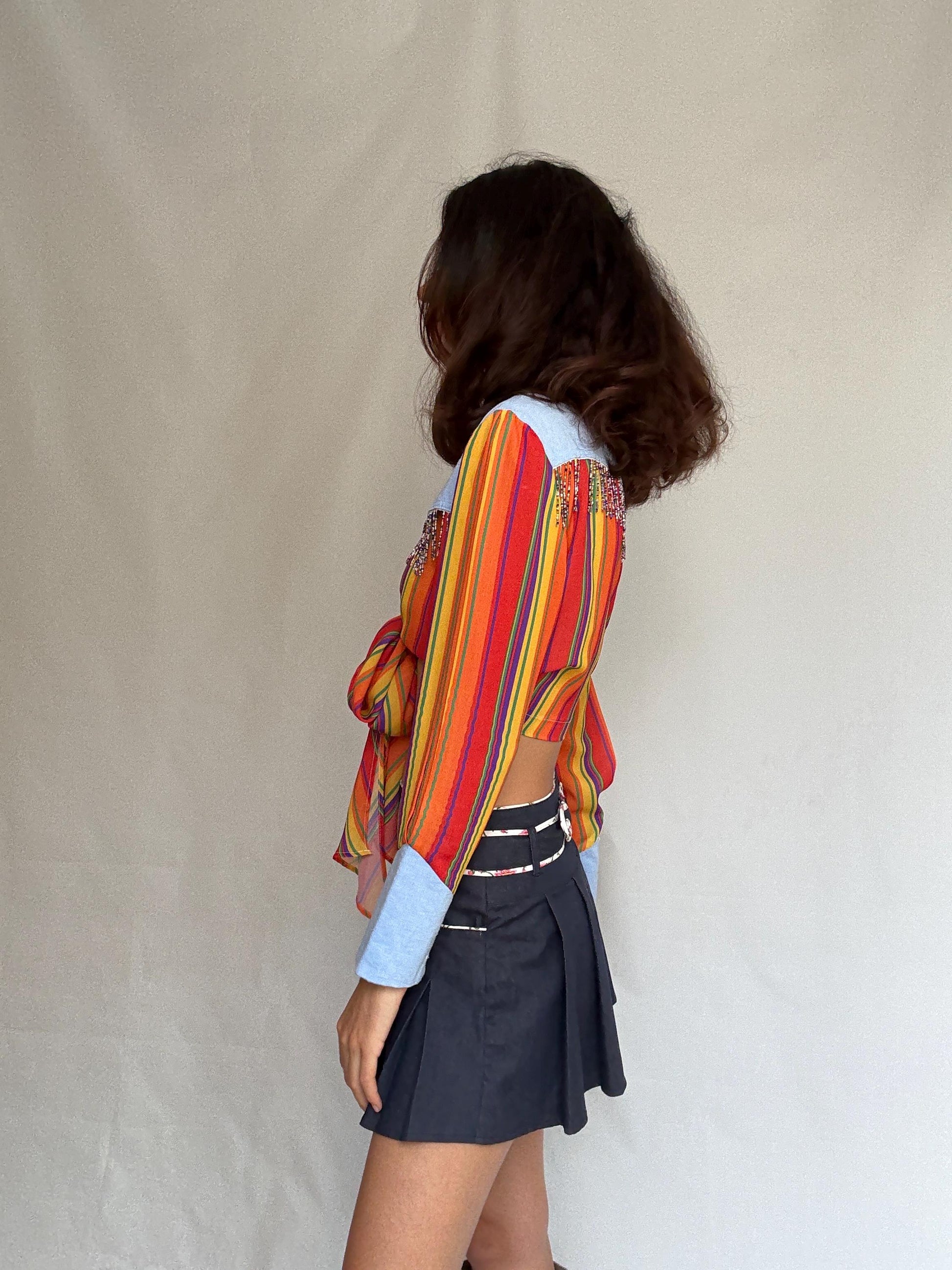Vintage zou line spencer blouse, soft denim feel, relaxed fit, made in France, classic collar, vintage bohemian, US M, western aesthetic