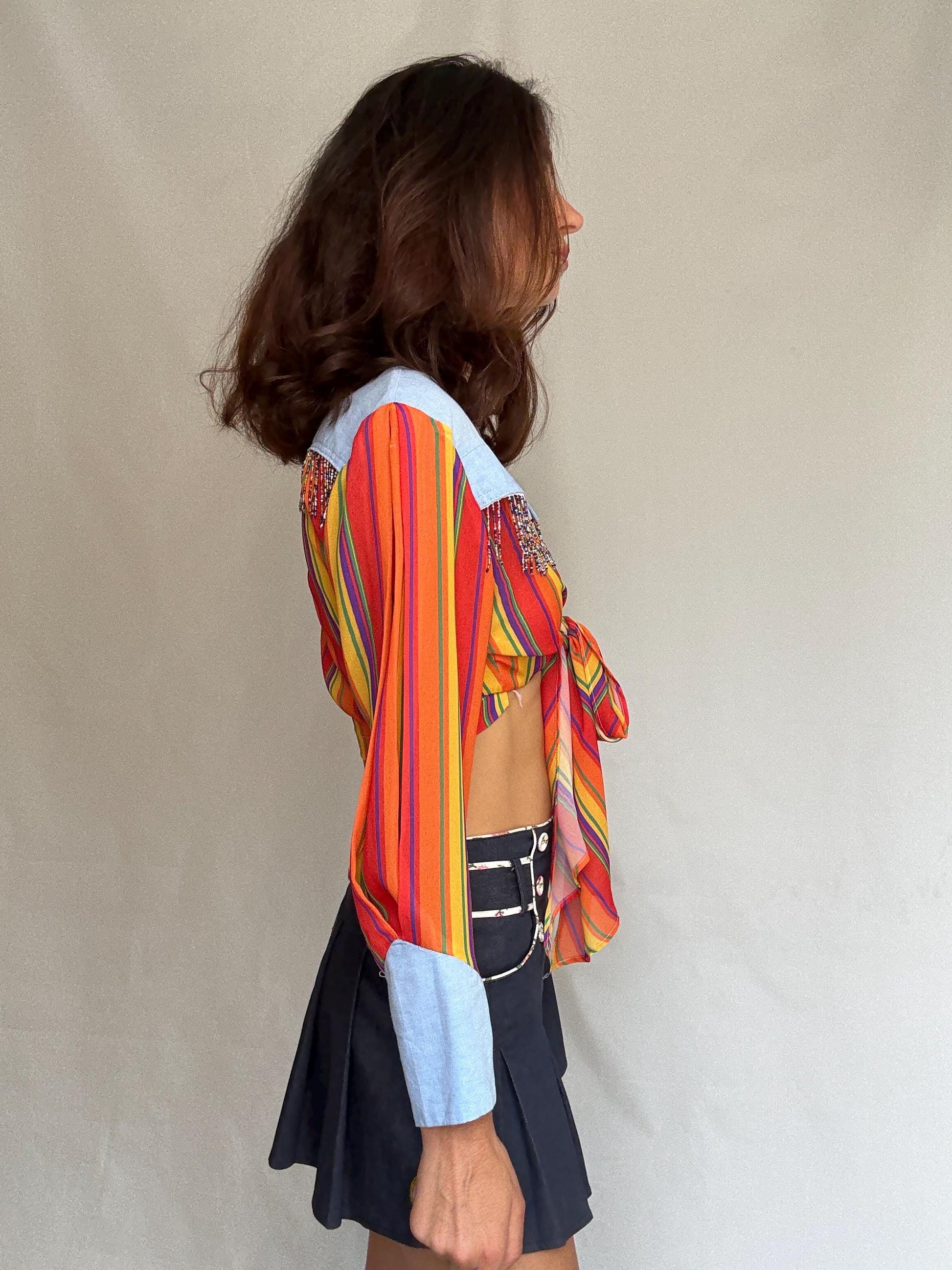 Vintage zou line spencer blouse, soft denim feel, relaxed fit, made in France, classic collar, vintage bohemian, US M, western aesthetic