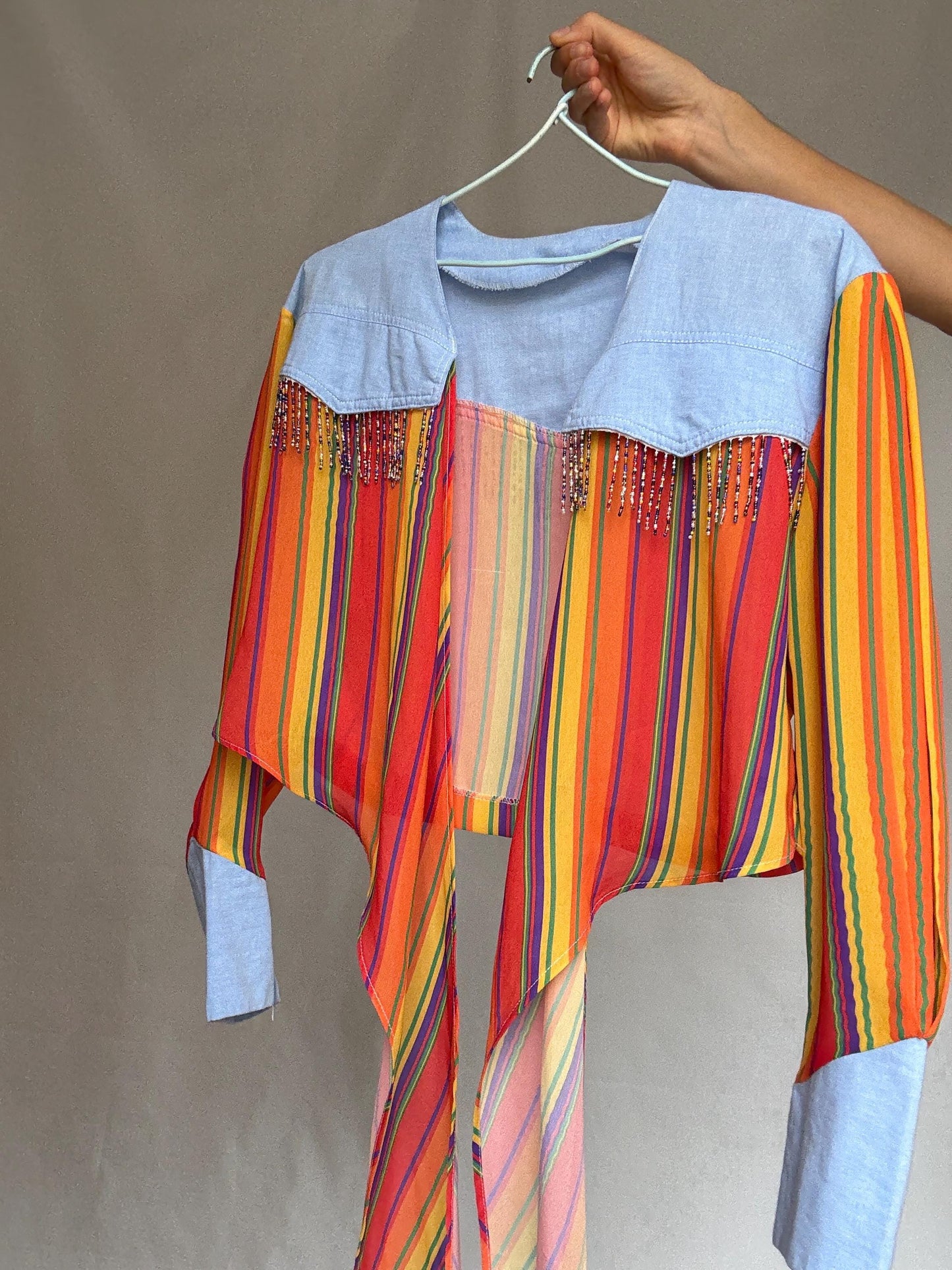 Vintage zou line spencer blouse, soft denim feel, relaxed fit, made in France, classic collar, vintage bohemian, US M, western aesthetic