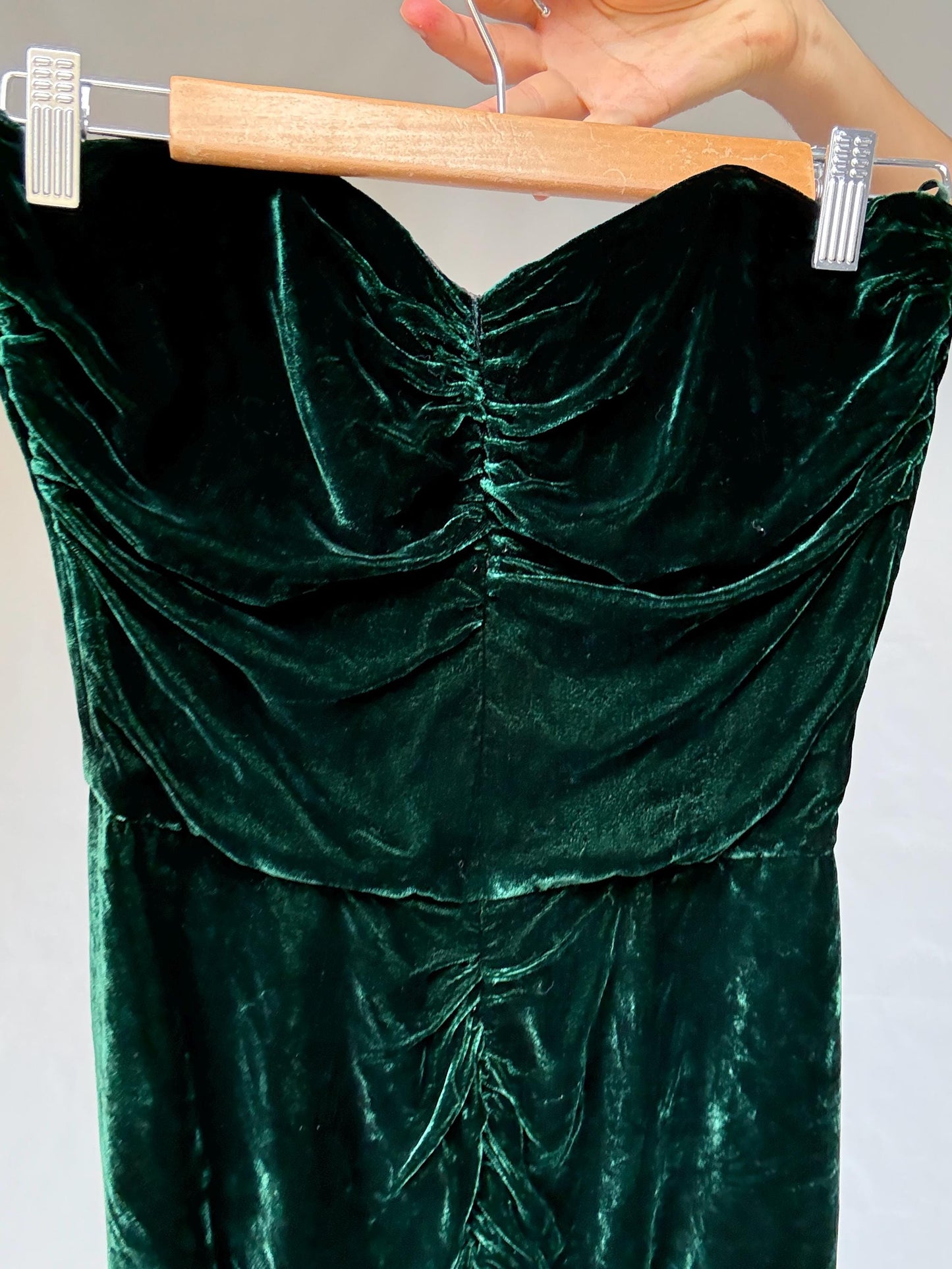 Velvet silk Christina Stawboliey deep green dress, bustier body, hourglass silhouette, XS