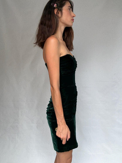 Velvet silk Christina Stawboliey deep green dress, bustier body, hourglass silhouette, XS