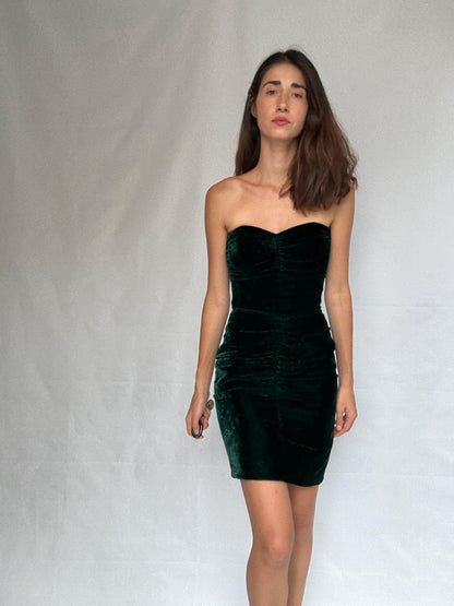 Velvet silk Christina Stawboliey deep green dress, bustier body, hourglass silhouette, XS