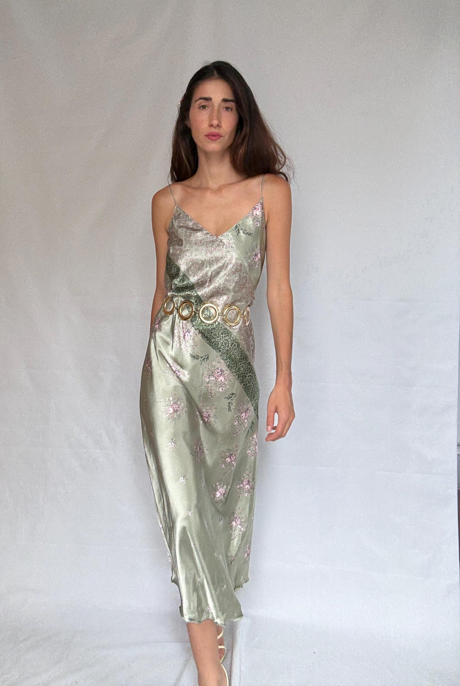 Vintage green and pink satin slip dress, floral paisley pattern,US M
