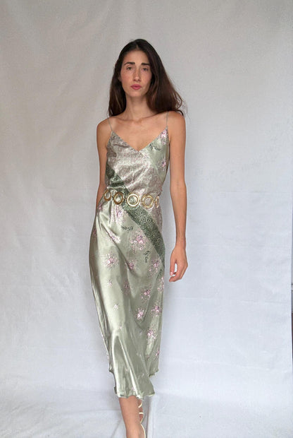 Vintage green and pink satin slip dress, floral paisley pattern,US M