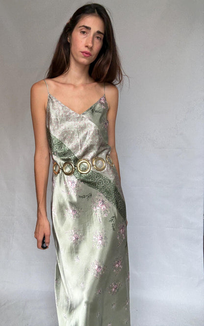 Vintage green and pink satin slip dress, floral paisley pattern,US M