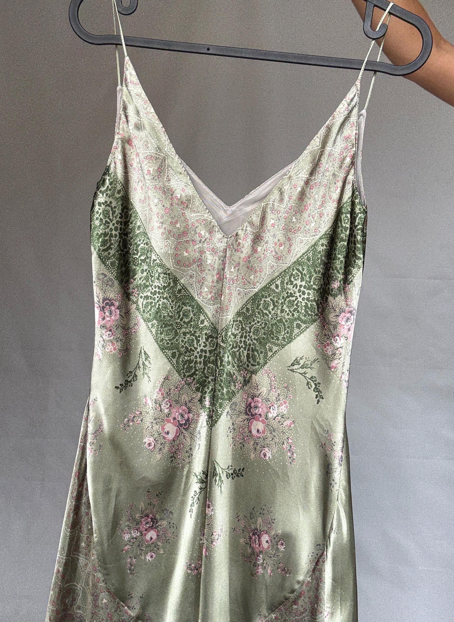 Vintage green and pink satin slip dress, floral paisley pattern,US M