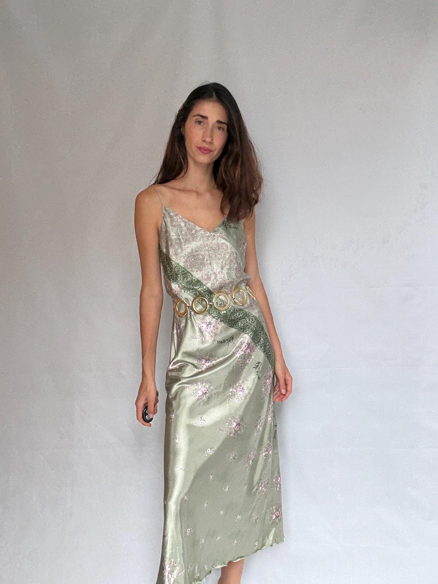 Vintage green and pink satin slip dress, floral paisley pattern,US M