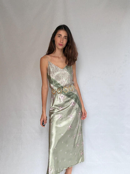Vintage green and pink satin slip dress, floral paisley pattern,US M
