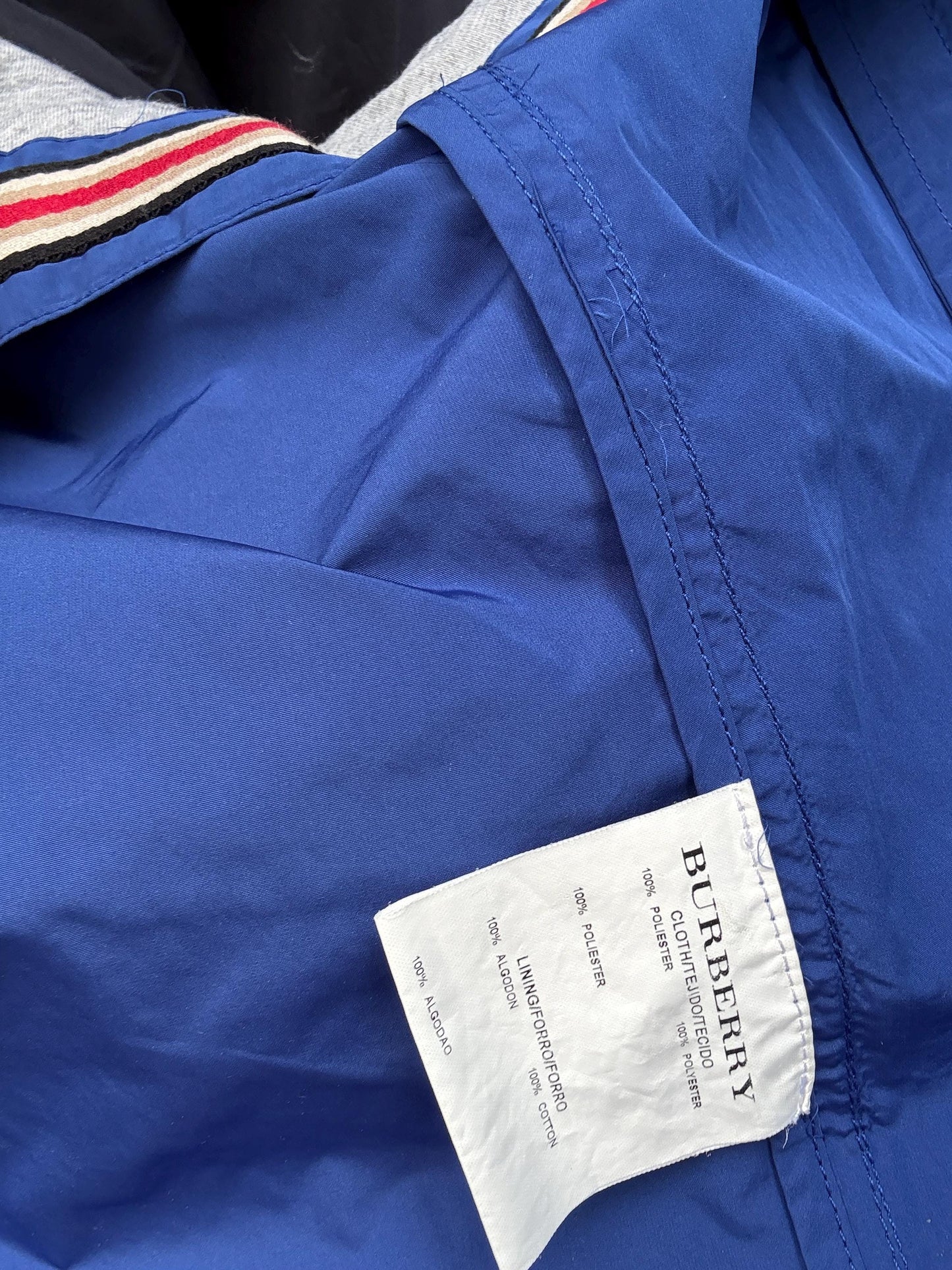 Burberry London blue windjacket, polyester with cotton lining, relaxed fit, raincoat style, elegant modern vibe, US L,