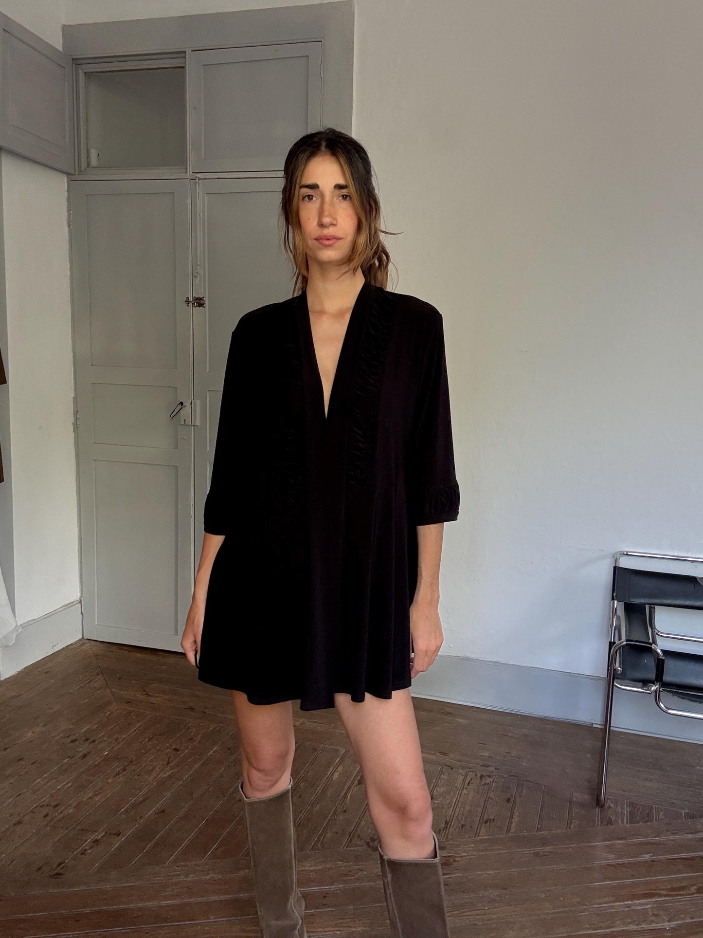 Vintage JOSEPH RIBKOFF Black Long Vest – Elegant Minimalist Drape Open Cardigan, Size XXXXL – Made in Canada