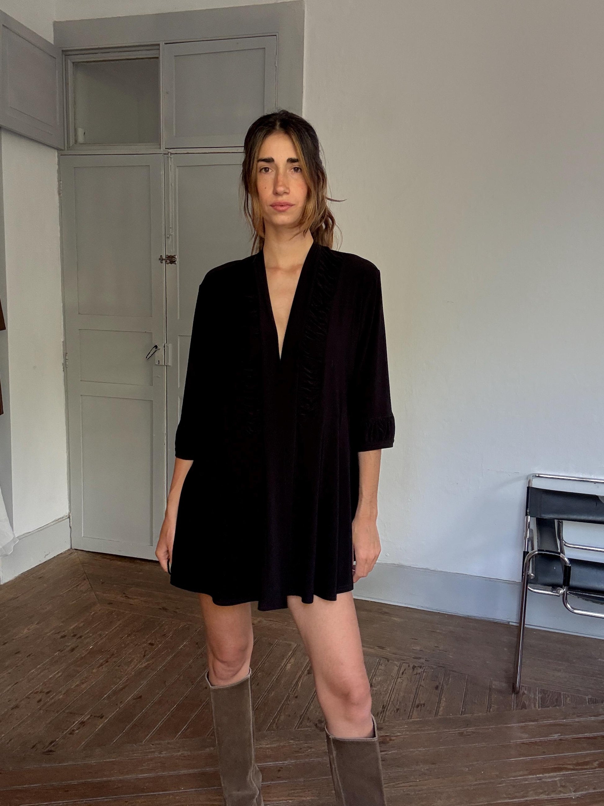 Vintage JOSEPH RIBKOFF Black Long Vest – Elegant Minimalist Drape Open Cardigan, Size XXXXL – Made in Canada