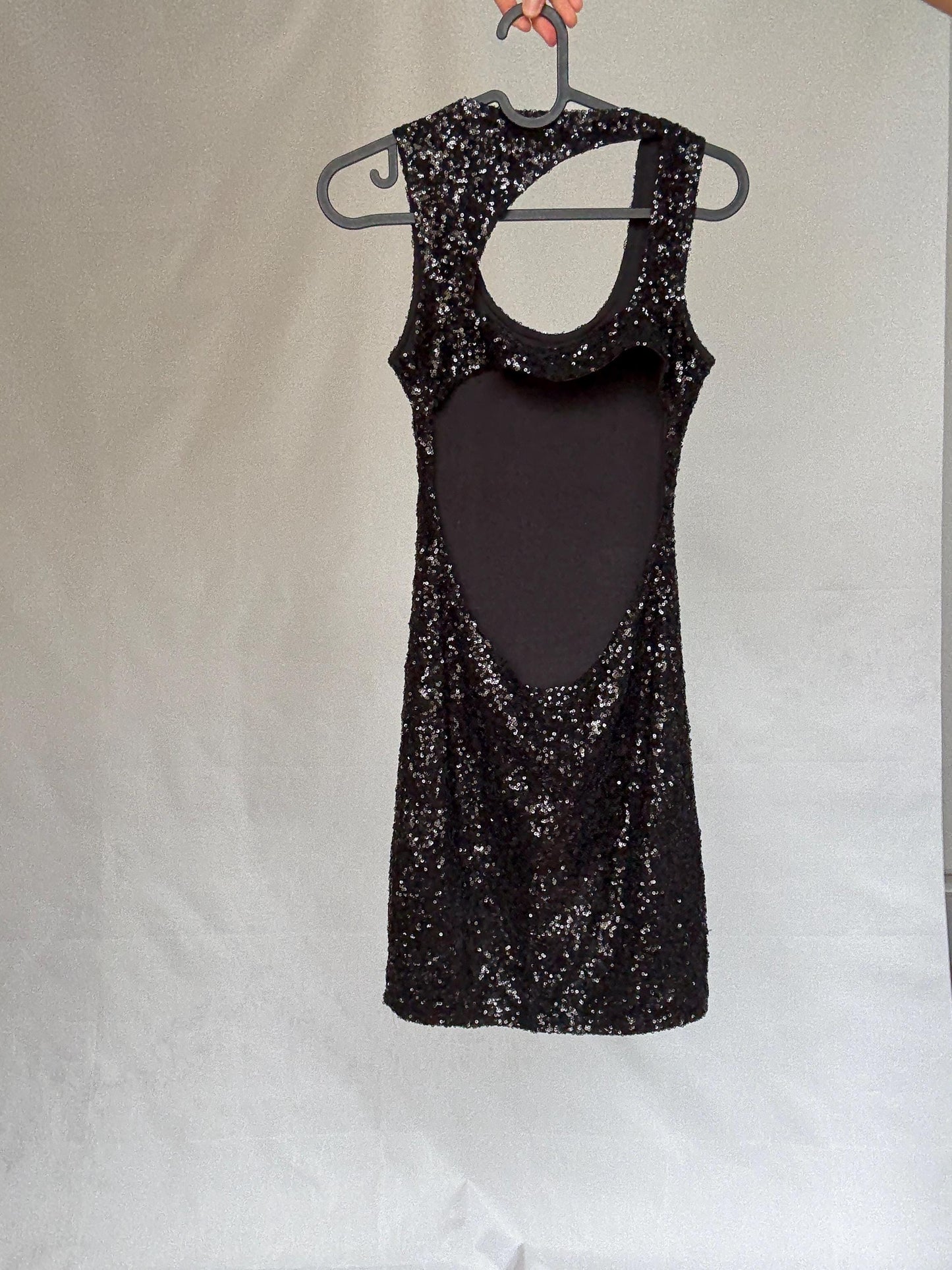 Sexy Black sequin mini dress with open back, Festive fitted hourglass figure silhouette, Assymetrical sparkly detail, y2k party glamour