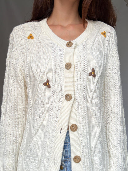 Floral Embroidered Vintage White Cardigan — back view