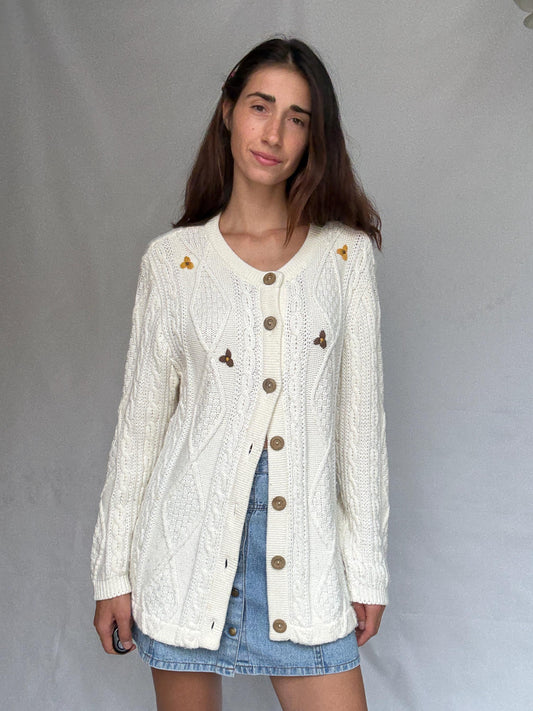 Vintage white cardigan with floral embroidery, Wool blend jumper, Cottagecore inspired Zooey Deschanel, US XL, cozy winter layering