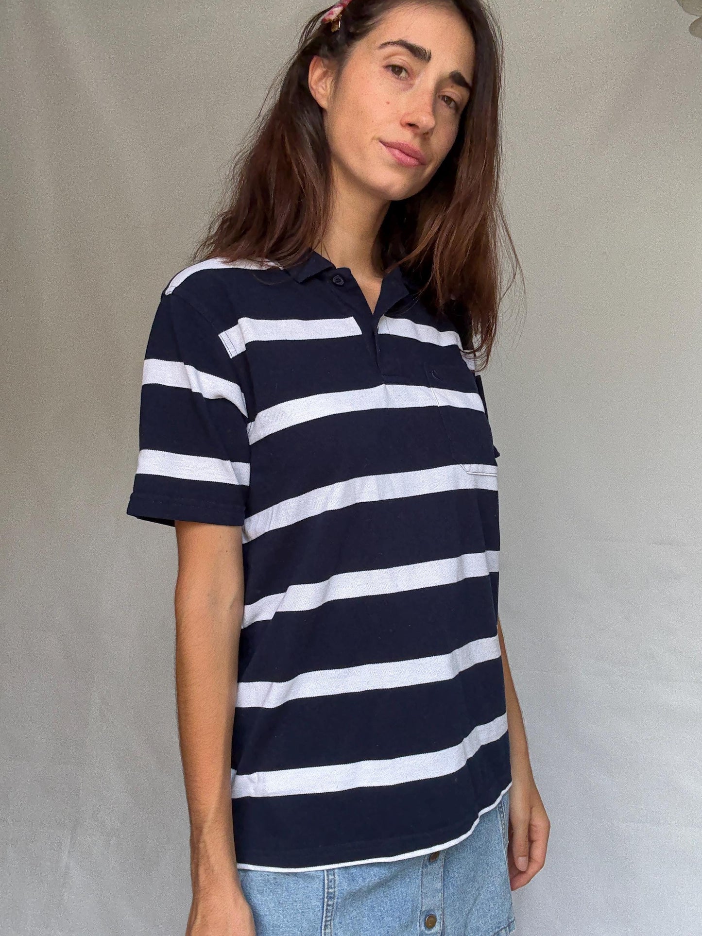 Heropo vintage dark blue and white striped polo shirt, 100% cotton, relaxed fit, classic collar, nautical retro 80s, US L, casual wardrobe