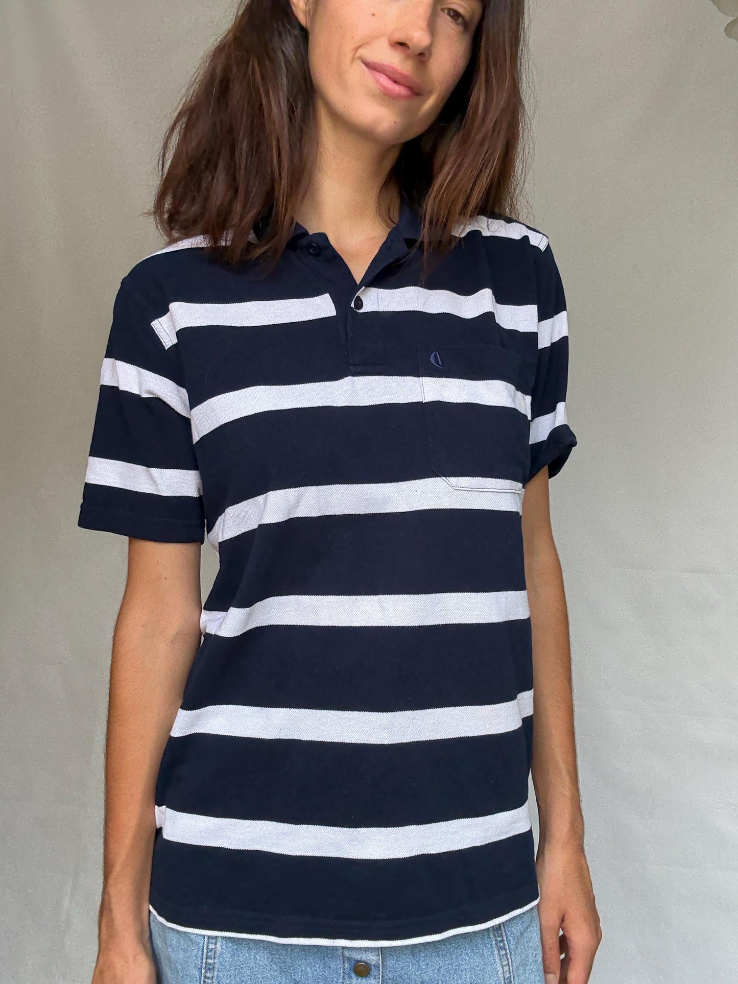Heropo vintage dark blue and white striped polo shirt, 100% cotton, relaxed fit, classic collar, nautical retro 80s, US L, casual wardrobe