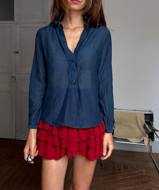 Massimo Dutti navy blue silk sheer blouse – luxury secondhand button down shirt, elegant minimalist top, Size S