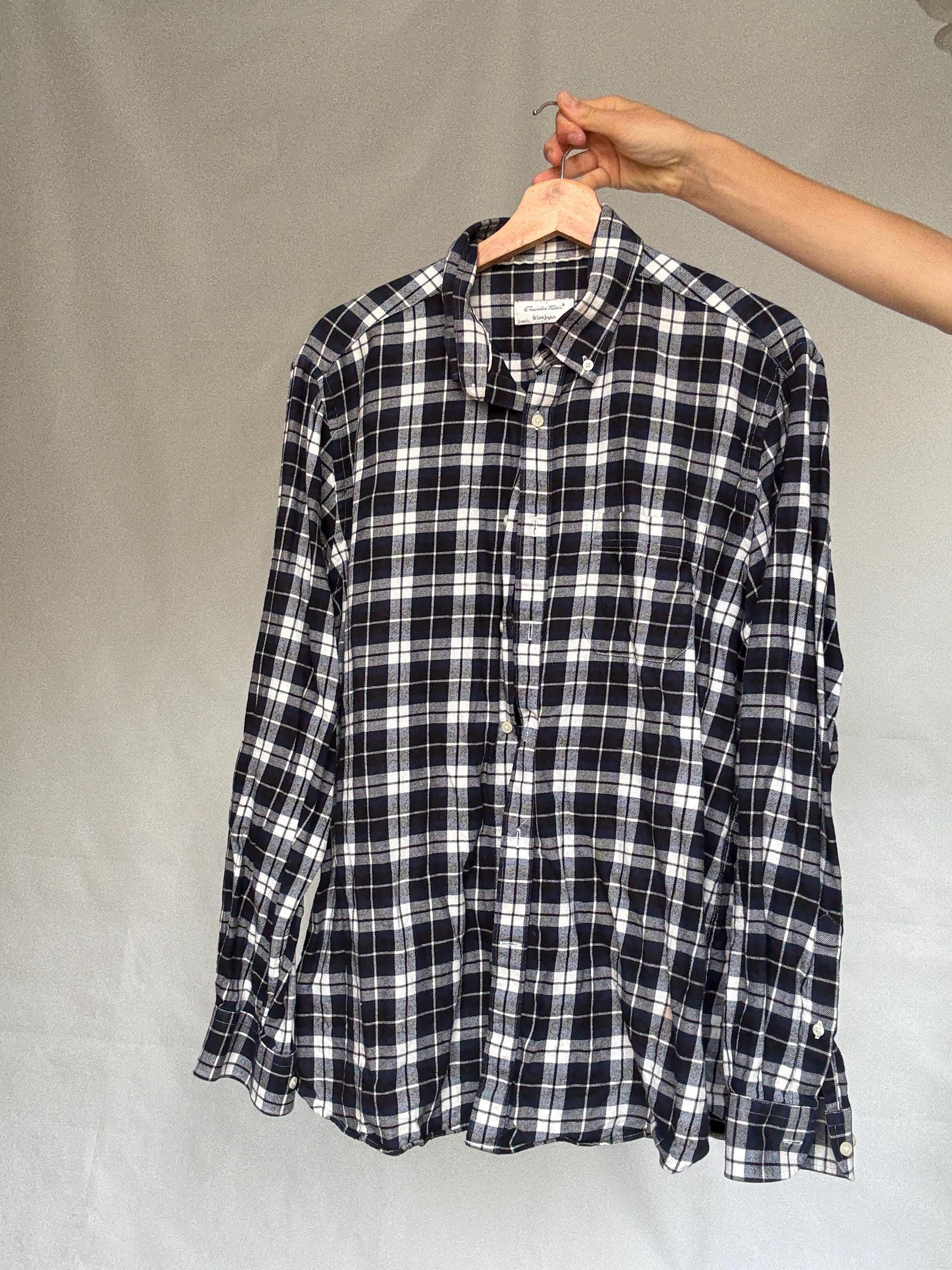 Emidio Tucci dark blue and white button up shirt, Autumn plaid pattern men's blouse, vintage Molly Ringwald vibe, US XL
