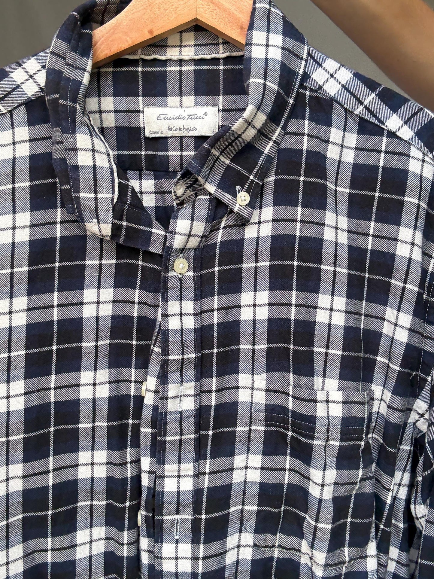 Emidio Tucci dark blue and white button up shirt, Autumn plaid pattern men's blouse, vintage Molly Ringwald vibe, US XL